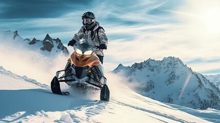 A young man ride motor ski on winter time, background is a mountain. - obrazy, fototapety, plakaty