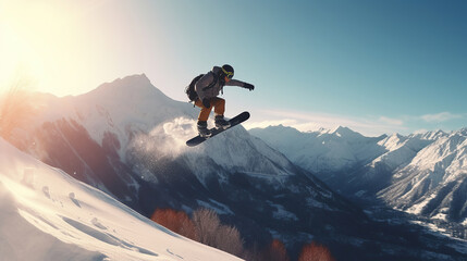 A young man play a snowboard on winter time, jumping in the air, background is a mountain.