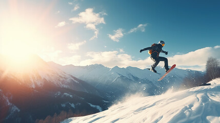 Naklejka na ściany i meble A young man play a snowboard on winter time, jumping in the air, background is a mountain.