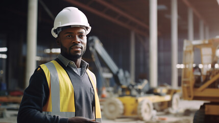 Attractive African American engineer at work on construction site. - obrazy, fototapety, plakaty