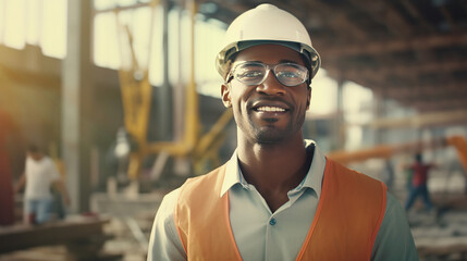 Attractive African American engineer at work on construction site. - obrazy, fototapety, plakaty