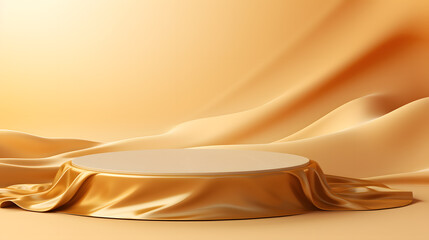 Obraz premium Golden podium on orange silk drapery background. 3d render