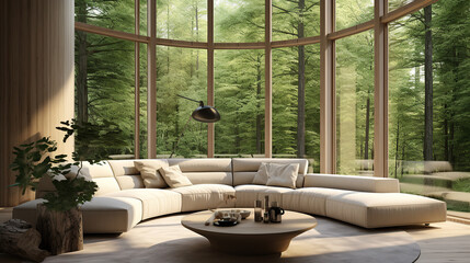 Beige corner sofa in room with round floor to ceiling window, Minimalist home interior design of modern living room in house in forest.