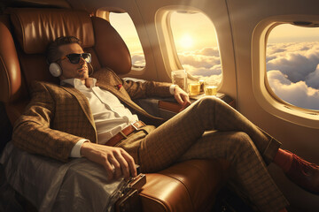 Businessman flying on his private jet - obrazy, fototapety, plakaty