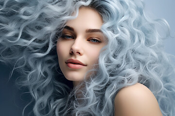 Close up of a woman with healthy straight icy blue  hair, National Hair Day banner 