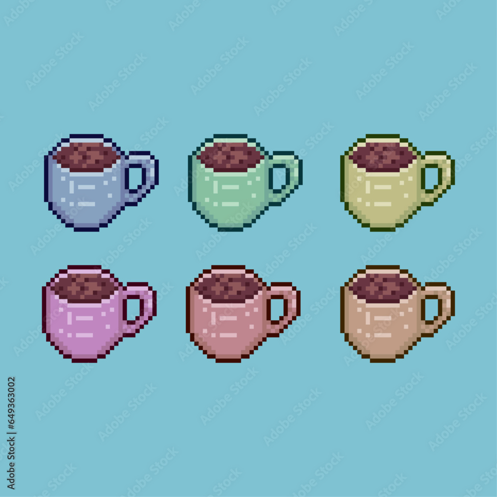 Poster pixel art sets of cup of coffee with variation color item asset. simple bits of coffe cup on pixelat