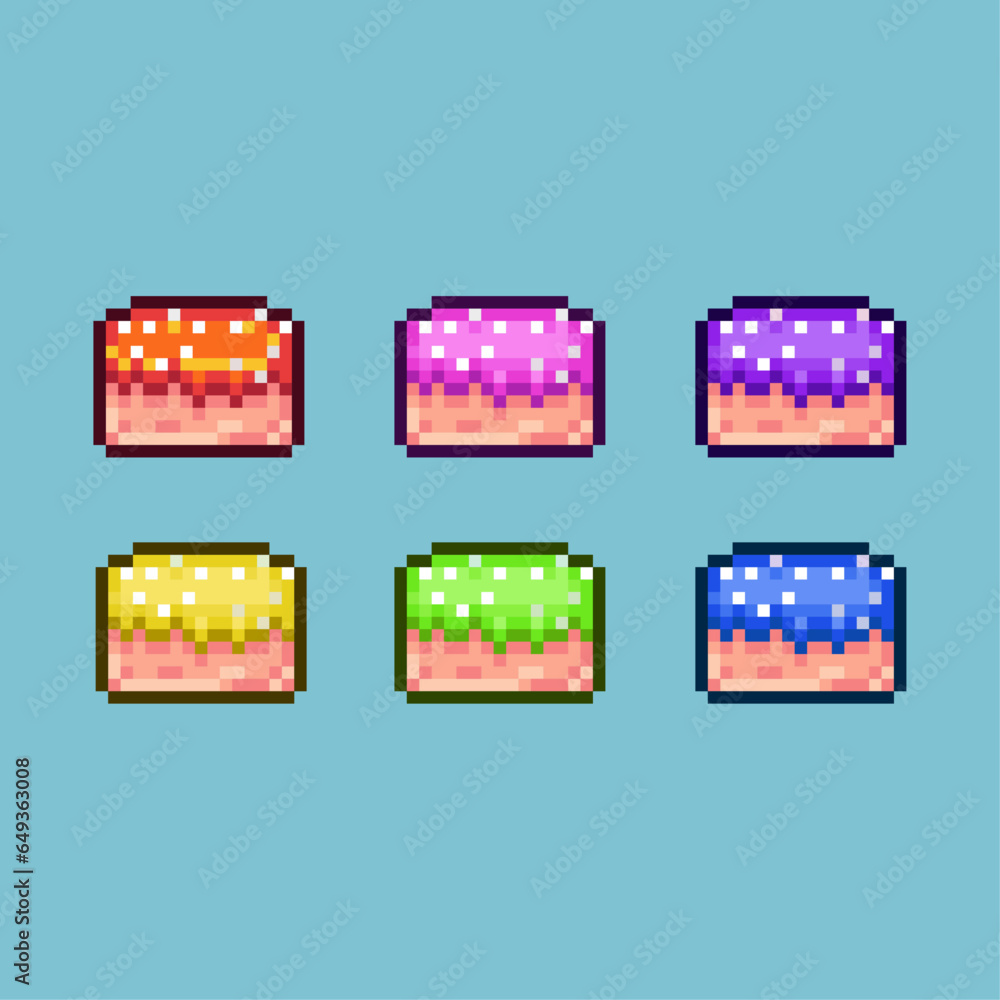 Poster pixel art sets of sweet food cake with variation color item asset. simple bits of cake on pixelated 