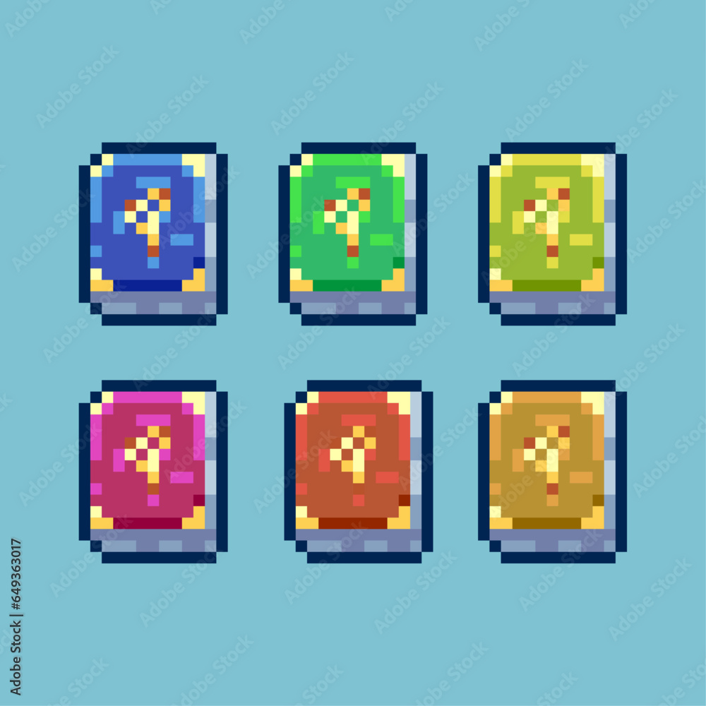 Poster pixel art sets of magical book witch with variation color item asset. simple bits of halloween book 