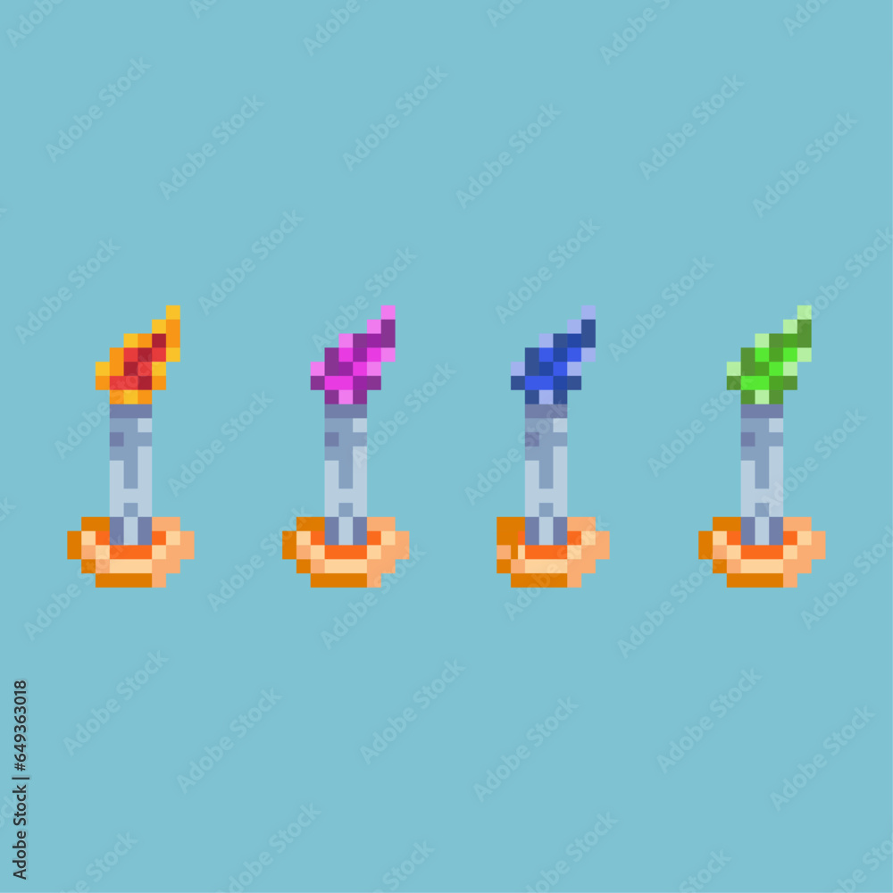 Poster pixel art sets of candle halloween with variation color item asset. simple bits of fire candle on pi