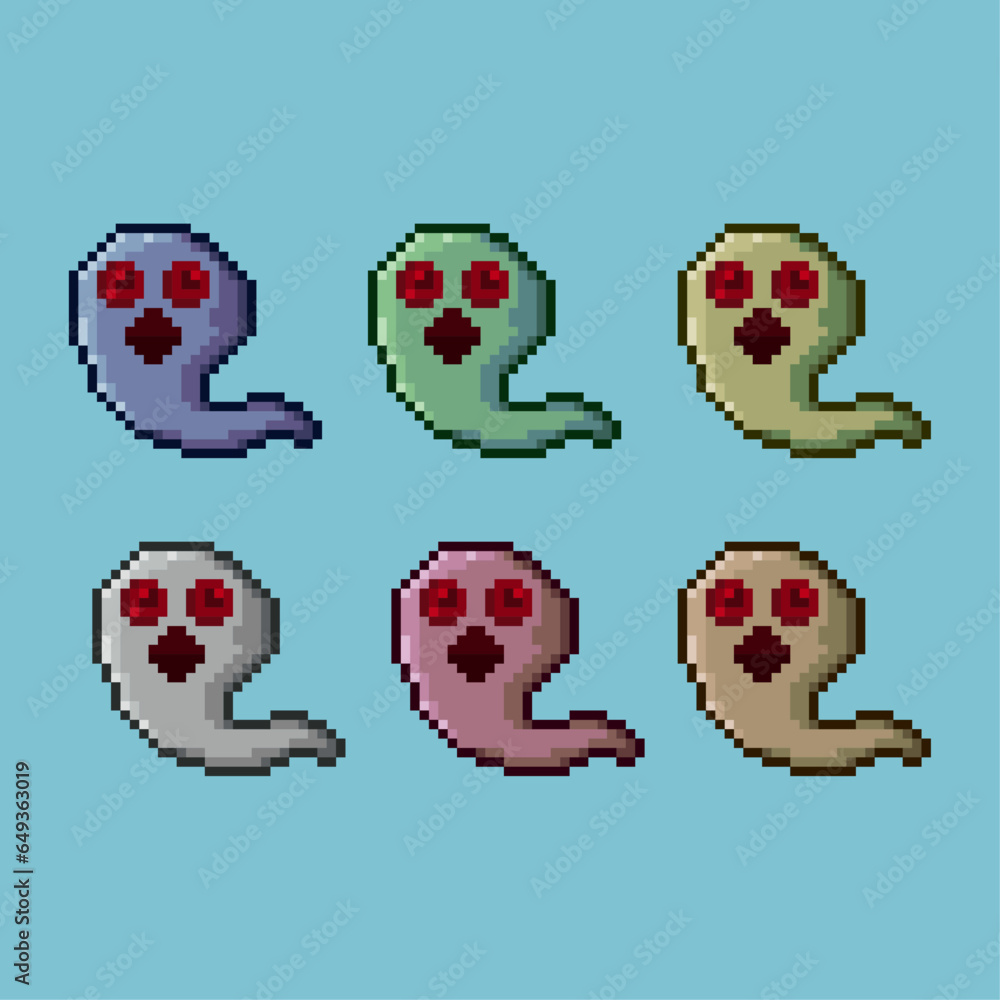 Poster pixel art sets of ghost with red eyes with variation color item asset. simple bits of ghost on pixel