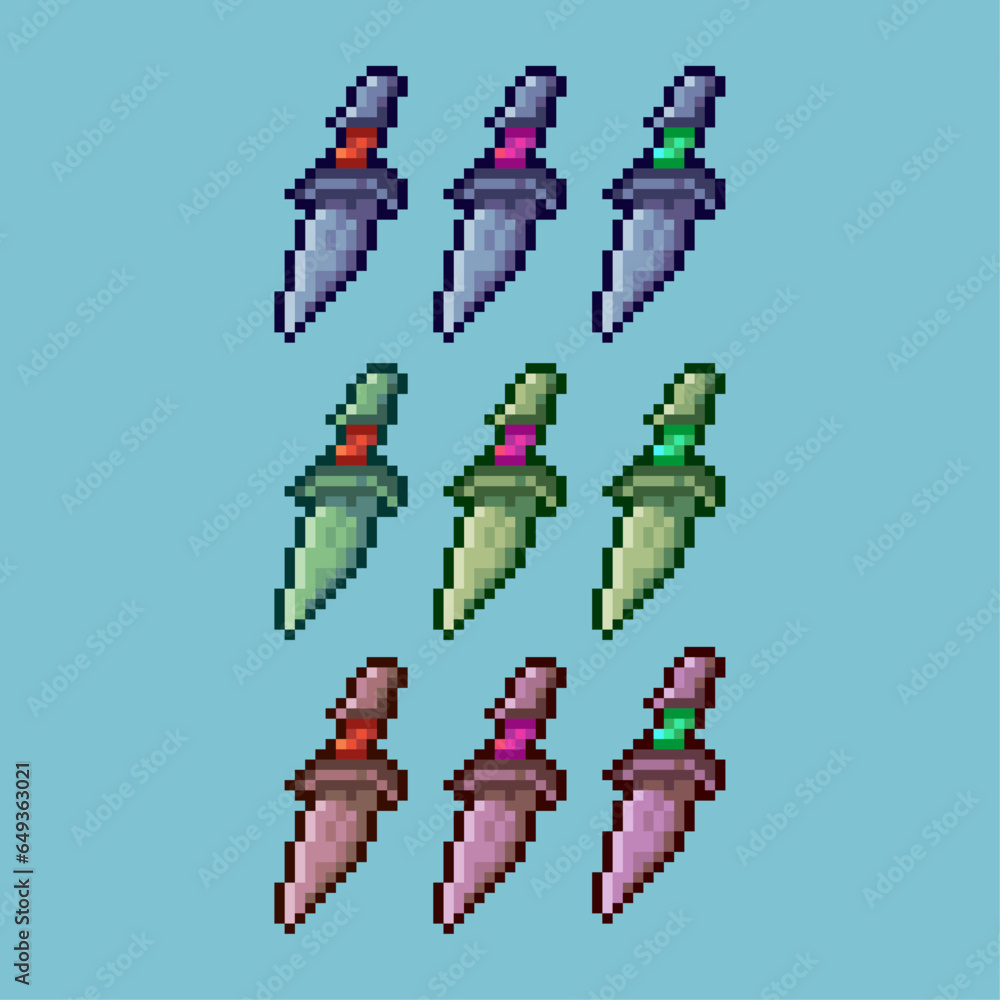 Poster pixel art sets of dagger weapons with variation color item asset. simple bits of dagger sword on pix
