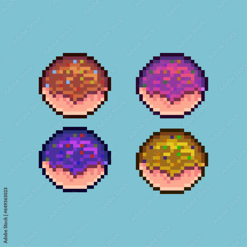 Poster pixel art sets of food cake with variation color item asset. simple bits of food cake for game item 