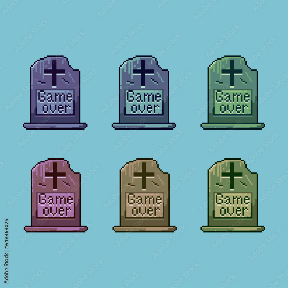Poster pixel art sets of game over grave halloween with variation color item asset. simple bits of game ove