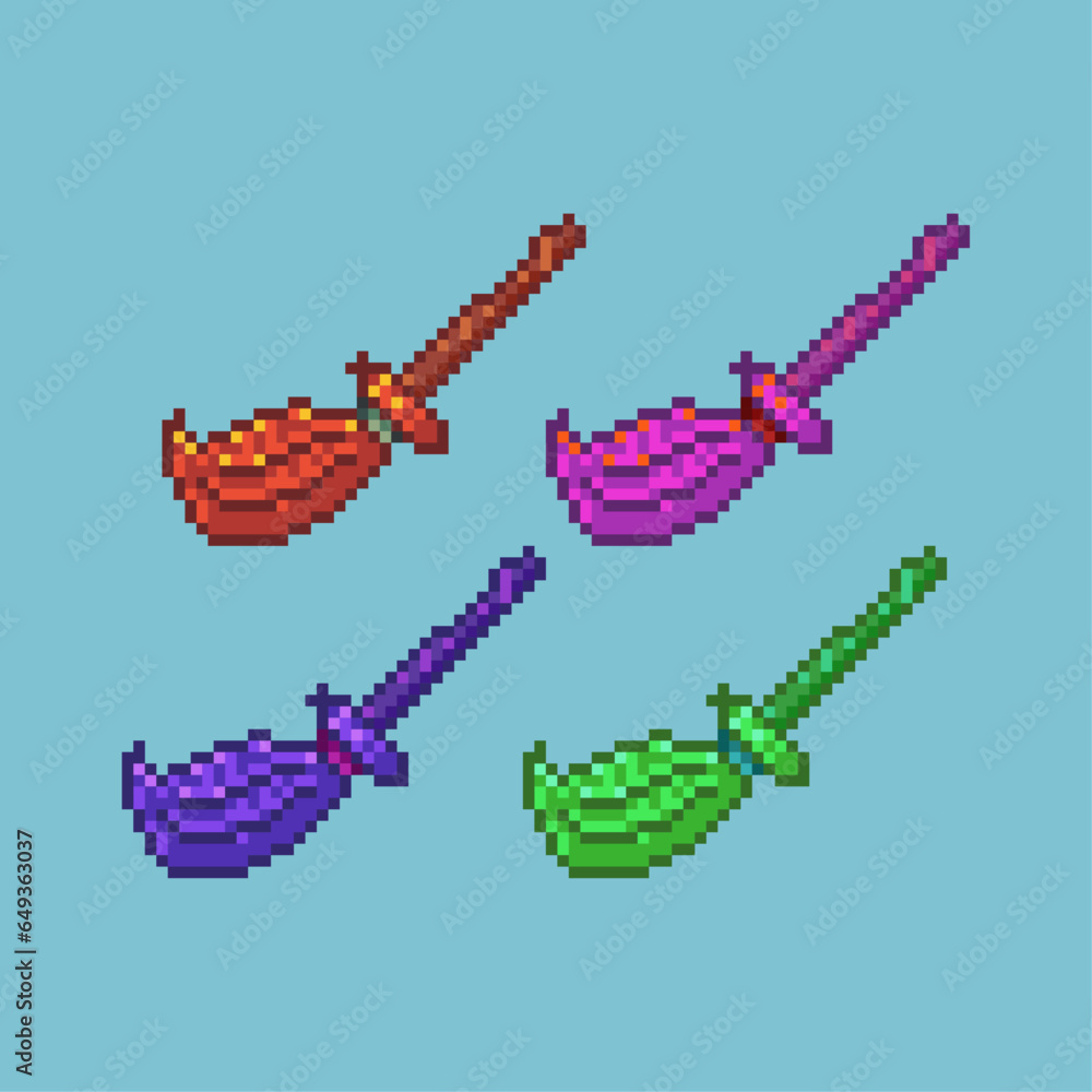 Poster pixel art sets of witch flying broom with variation color item asset. simple bits of flying broom on