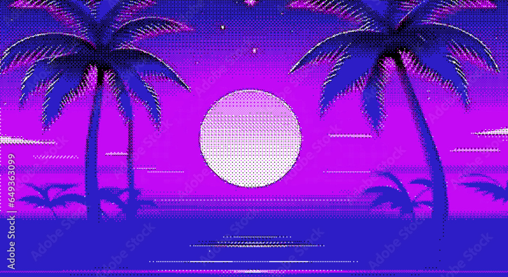 Aufkleber Synthwave retro background with palm trees and sun in pixel art style.