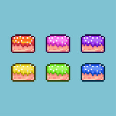Pixel art sets of sweet food cake with variation color item asset. simple bits of cake on pixelated style 8bits perfect for game asset or design asset element for your game design asset