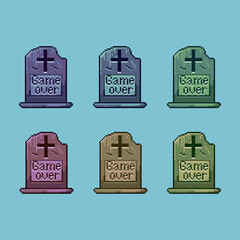 Pixel art sets of game over grave halloween with variation color item asset. simple bits of game over on pixelated style 8bits perfect for game asset or design asset element for your game design asset