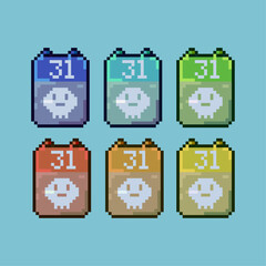 Pixel art sets of calendar halloween bones with variation color item asset. simple bits of calendar on pixelated style 8bits perfect for game asset or design asset element for your game design asset
