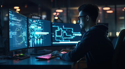 Naklejka premium Computer programmer, software engineer coding on modern computer with data science, software development, cloud computing, digital technology, big data management, data exchange concept.