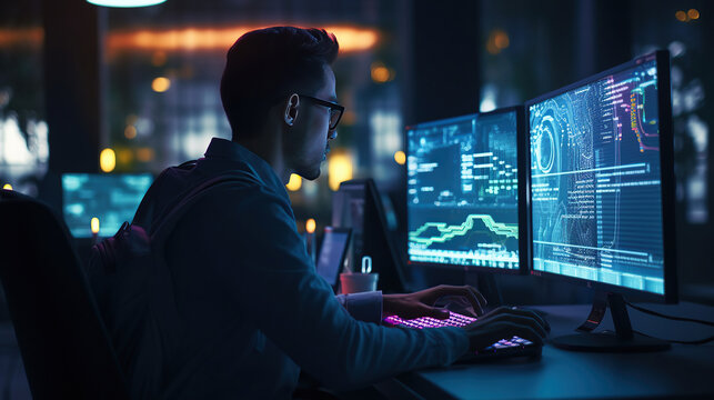 Computer programmer, software engineer coding on modern computer with data science, software development, cloud computing, digital technology, big data management, data exchange concept.