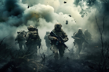 Battle of the military in the war. Military troops in the smoke - obrazy, fototapety, plakaty