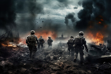 Battle of the military in the war. Military troops in the smoke - obrazy, fototapety, plakaty