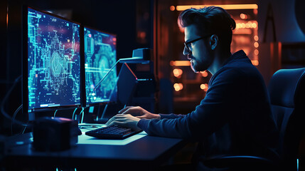 Computer programmer, software engineer coding on modern computer with data science, software development, cloud computing, digital technology, big data management, data exchange concept.