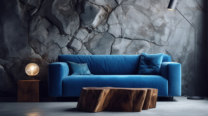 Elegant blue velvet sofa and wood stump side table against stone structure wall, Loft home interior design of modern living room.