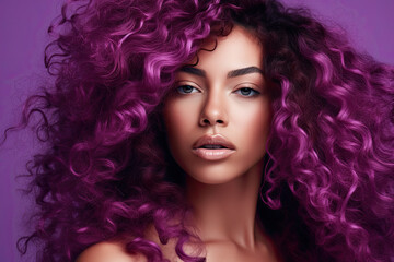 Fototapeta premium Close up of a woman with healthy curly purple hair, National Hair Day banner 
