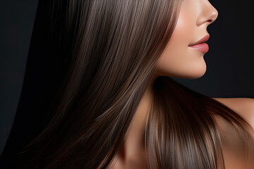 Close up of a woman with healthy brunette hair, National Hair Day banner 