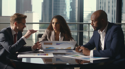 Group of three financial professional discussing numbers in a business meeting, Team of business people brainstorming solutions for a project as they work towards the success of their company. - obrazy, fototapety, plakaty