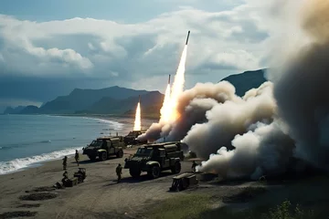 Fotobehang war and weapon - army artillery - tactical ground-air ballistic missiles on the launch ramp © arhendrix