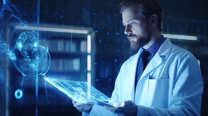Medical technology. Doctor holding health icon with dna, electronic medical record. Digital healthcare and research with global network connection on hologram virtual screen, digital health technology
