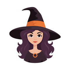 Portrait of cute witch in hat. Cartoon character for Halloween design