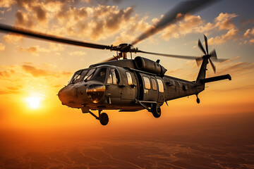Fototapeta na wymiar seahawk (or blackhawk) helicopter flies low against a setting sun in the middle east