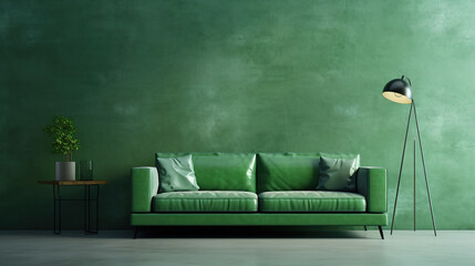 Sofa against green concrete wall. Loft style home interior design of modern living room.