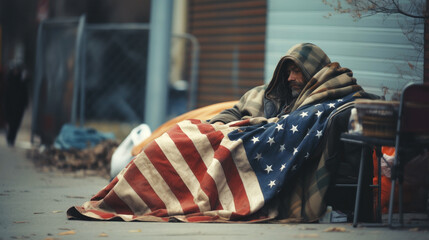 Poor homeless man sleeping on cold street beside all his belongings and covering himself with USA flag as a blanket - obrazy, fototapety, plakaty