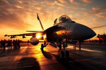 Super Hornet readies to launch from an aircraft carrier at sunset - obrazy, fototapety, plakaty