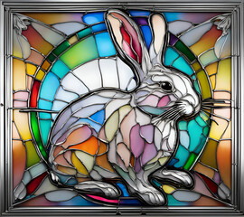 Abstract stained glass style painting with silver frames depicting rabbit in rainbow colors