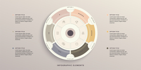 Business process chart infographics with 6 step circles. Round workflow graphic elements. Company flowchart presentation slide. Vector info graphic in flat design