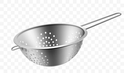 Metallic colander for cooking (kitchenware collection). Isolated on transparent background. Realistic 3D vector illustration. Utensils for cooking