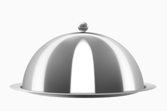 Metal food cloche isolated on white background. Stainless Steel Cloche Food Cover. Dome. Serving Plate Dish. Dining Dinner Platter. Realistic 3d vector illustration