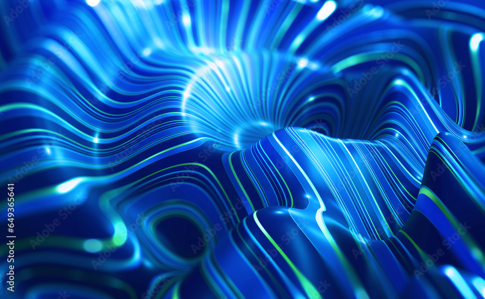 Aufkleber Orbit of abstract currents, information flow, twisted and tangled strings, uncertainty of emotions, inspiration of flowing feelings. 3D illustration of waves on surface of a digital field