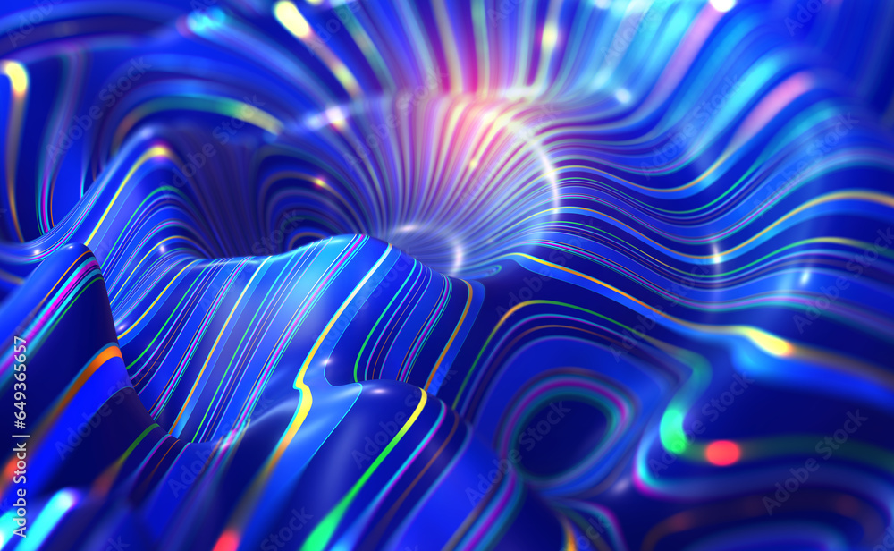 Poster Internet flow, twisted strings, uncertainty of wavy forms. Mysticism of orbits of curved space. A carnival of emotions on waves of joy. 3D illustration of abstract background