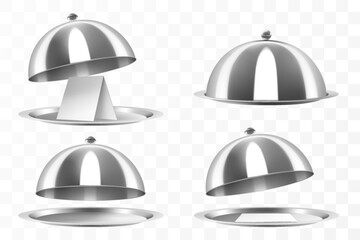 Set of a stainless steel cloche isolated on transparent background. Open and closed Metal food cloche, Food Cover. Dome. Serving Plate Dish, Dining Dinner Platter. Realistic 3d vector illustration