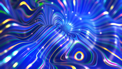 Internet flow, twisted strings, uncertainty of wavy forms. Mysticism of orbits of curved space. A carnival of emotions on waves of joy. 3D illustration of abstract background