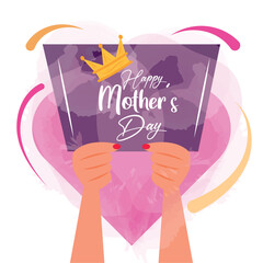 Pair of hands holding a card with a crown Happy mother day celebration Vector