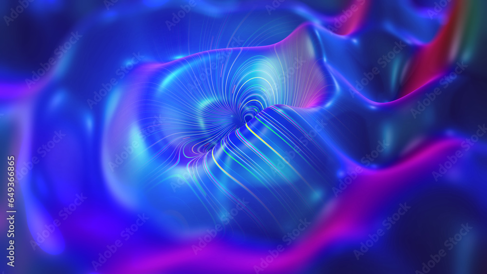 Poster fluid space, wavy flow, strings of the universe 3d illustration. soaring data orbit