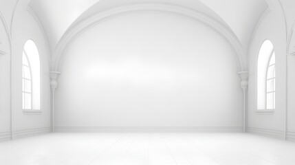 A spacious, empty white hall with a minimalist style. The room is bathed in natural light, highlighting the clean lines and simplicity. The stark white walls and floor create a blank canvas.