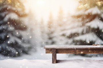 Obraz premium Snow-covered wooden bench in the forest. Christmas background.